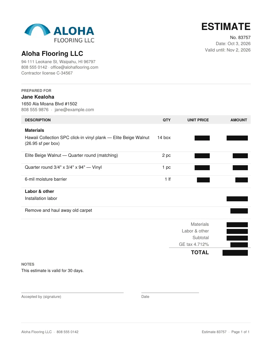 The estimate PDF your customer gets